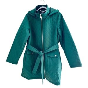 Dennis Basso Womens 1X Emerald Green Quilted Hooded Belted Jacket Coat Plus Size